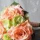 Silk Wedding Bouquet, Wedding Bouquet, Keepsake Bouquet, Bridal Bouquet Coral Rose and Green Hydrangea silk flower bouquet.