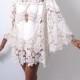 boho BELL SLEEVE 70s DRESS style ivory lace crochet patchwork sheer hippie mini dress . Bohemian Wedding Dress.