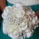 Silk Brooch Wedding Bouquet - Natural Touch Roses and Brooch Jewel Bride Bouquet - Rhinestones