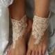 Champagne Barefoot , french lace sandals, wedding anklet, Beach wedding barefoot sandals, embroidered sandals.