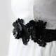 Black Flower Wedding Belt Bridal Sash with Black Glass Pearls and Small Flower and Sequin Accents