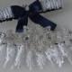 Wedding Garter Set, Navy Blue And White Garters With White Venise Lace, Bridal Garter, Navy Garters