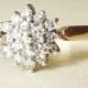 Vintage Engagement Ring, 9k Gold 19 Diamond Flower Cluster Ring, Diamond & Gold Wedding Ring Approximate Size US 5