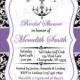 Bridal Shower Printable Invitation - Chandelier, Black White and Purple, Wedding Shower Invitation, Black and White Damask - 014