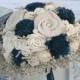 Custom Hand Dyed Navy Blue & Wildflower Alternative Bride's Bouquet - Alternative Wedding Flowers - Wood Flowers, Fabric Rosettes, Burlap
