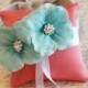 Coral and Aqua Ring Pillow, Dog Ring Bearer, Pillow attach to white Leather Collar, Aqua and coral wedding, beach wedding, dog lovers