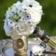 Black and White  Anenome with brooch Silk Wedding Bouquet and FREE Boutonniere
