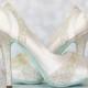 Wedding Shoes -- White Platform Peep Toe Wedding Shoes with Silver Rhinestone Heel and Pleats and Blue Painted Sole