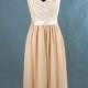 Champagne Long Lace Bridesmaid Dress Chiffon Dress With cap sleeves and open back prom dress