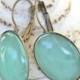 Vintage Mint Green Jade Oval Glass Scalloped Antiqued Brass Lever Back Drop Dangle Earrings - Wedding, Bridesmaids, Beach
