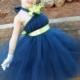 Tutu Dress, Wedding Flowergirl Dress, Navy Blue Tulle, Chartreuse  Ribbon, Lime Green Lily Flower, Portrait Dress, Flower Girl Dress