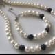 Ivory bridal jewelry set  with  pearls and crystal rhinestone navy blue shamballa beads