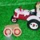 Red and White Farm Tractor County Outdoor Rustic Couple on Groom Unique Wedding Cake Topper-Style2RW