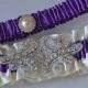 Wedding Garter Set - Purple And Ivory Garters With Crystal Rhinestone Applique, Garter Belts, Bridal Garter Set