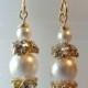 White Swarovski Pearl and Rhinestone Earrings, Bridal Wedding Bridesmaid Jewelry, Mom Sister Jewelry, Gold
