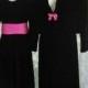 Mother and daughter matching black velvet dresse /skirt suit with pink trim and large bow belt