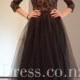 V Back Black Lace Bodice and Tulle Skirt Long Short Sleeve Prom Dress