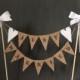 Just married wedding cake topper, mini cake bunting with hessian and white lace heart flags for country, barn, romantic or vintage wedding