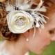 Ivory Bridal Fascinator, Rustic Woodland Wedding, Flower Hair Accessory, Feather Headpiece, Floral Wedding Brooch, MELIANA
