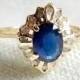 Vintage Blue Sapphire Engagement Ring, 1 Ct Sapphire Diamond Halo Ring 14K September Birthday