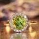 Natural Gemstone Peridot Engagement Ring in 14k Rose Gold Halo Diamond Ring 7x7mm Green Peridot Ring (Bridal Wedding Ring Set Available)