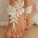 ivory Barefoot silver frame , french lace sandals, wedding anklet, Beach wedding barefoot sandals, embroidered sandals.