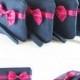 SUPER SALE - Set of 6 Navy Blue with Little Fuchsia Bow Clutches - Bridal Clutch,Bridesmaid Clutch,Wedding Gift,Zipper Pouch - Made To Order