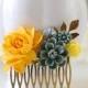 Yellow Rose Grey Flowers Hair Comb, Yellow and Gray Wedding Hair Accessory, Yellow Flower Leaf Branch Bridal Hair Comb, Bridesmaid Gift
