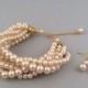ON SALE Champagne Gold Glass Pearl Multi Strand Twisted Statement Bracelet,Pearl Earrings Wedding Bridal Jewelry Set Bridesmaid Bracelet