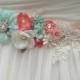 Bridal Sash-Wedding Sash In Vintage Peach, Ivory, Mint And Coral With Lace, Pearls And Crystals, Wedding Dress Sash, Bridal Belt,