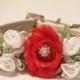Red white Wedding Dog  Accessory. Red White Floral with Rhinestones -High Quality Leather Dog Collar, Wedding Dog Accessory