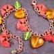 Flower Charm Bracelet, Apricot Blossom Bouquet, Pink Orange and Green, Rose Gold Tone, Copper Beaded Bracelet, FREE Shipping U.S.