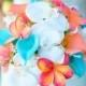 Wedding Coral Orange and Turquoise Teal Natural Touch Orchids, Callas and Plumerias Silk Flower Bride Bouquet