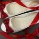 Wedding Shoes -- Silver Rhinestone Covered Flat Wedding Shoes with Red Rhinestone Covered Bow on Toe and Sash - New