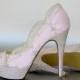 Wedding Shoes -- Paradise Pink Platform Wedding Shoes with Silver Lace Overlay and Silver Rhinestone Covered Heels and Platform - New