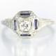Art Deco 14k white gold Diamond Ring sapphire, engagement Edwardian ring jewelry size 6.5