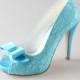 Handmade acid blue lace wedding shoes,Blue wedding shoes,Lace bow bridal shoes, blue party shoes in 2014