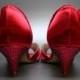 Red Wedding Shoes -- Red Satin Peeptoes with Red Rhinestone Heels and Red Flowers