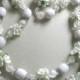 1960s White Flower Necklace Double Strand Green Leaves Hong Kong Summer White Wedding Bridal Costume Jewelry Garden Party