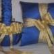 Blue Horizon Satin With Gold Metallic Ribbon Trim Flower Girl Basket And Ring Bearer Pillow Set 2