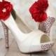 Wedding Shoes - Ivory Platform Peep Toe Wedding Shoes with Red and Silver Rhinestones on Heel and Platform Red Trio Flowers on Ankle - New