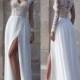 White Beach Wedding Dresses 2015 Lace Bridal Gowns Applique Sheer Illusion Long Sleeves Split Prom Gowns Soft Chiffon Wedding Gowns Cheap Online with $124.53/Piece on Hjklp88's Store 