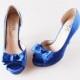 Royal blue D'orsay bow wedding shoes silk satin peep toe open toe party prom shoes pumps