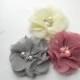 3 Chiffon flower clips ivory mauve grey clip Boutique Style hair bow baby toddler child pony tail wedding flower girl shabby photograhy 