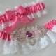 Wedding Garter Set Hot Pink and White Raschel Lace with Rhinestone Applique