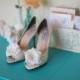 Wedding shoes peep toe low heel and high heel bridal shoes embellished with ivory French lace, white silk flower, crystals and pearls