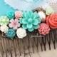 Coral Mint Green Wedding Bridal Accessories Floral Hair Comb Peach Pink Teal Blue Turquoise Aqua Flower Collage Romantic Modern Victorian