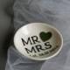 Hand painted Wedding Ring Pillow Alternative , Wedding Ring Dish Mr and Mrs text and dark green heart