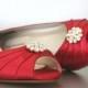 Red Wedding Shoes -- Red Kitten Wedding Heels with Simple Rhinestone Adornment