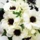Reserved - White Anemone Black Center Wedding Bouquet White Silk Hydrangea Groom Boutonniere Bridesmaid Bouquet Corsages Cake Topper